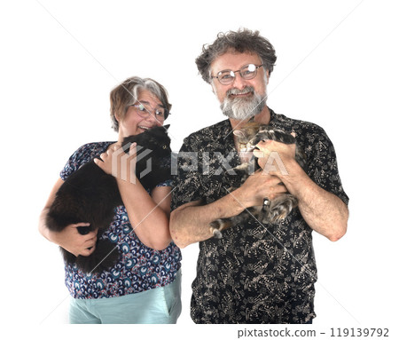 couple and cats in studio couple and cats in studio 119139792