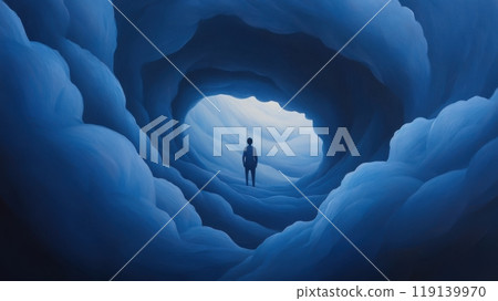 Lone Silhouette Exploring a Mystical Tunnel of Clouds 119139970