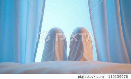 Peaceful Solitude Amidst Soft Blue Curtains on a Calm Morning 119139976