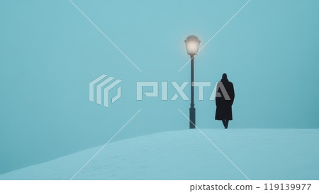 Solitary Figure Walks Through Chilly Urban Landscape on Moody Blue Winter Day 119139977