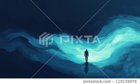 Lone Silhouetted Figure Contemplates the Glowing Ethereal Landscape 119139978