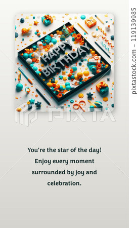 Birthday card template, ready to print in 3D design with colorful party confetti and elements 119139985