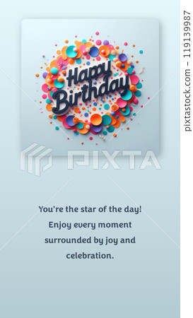 Birthday card template, ready to print in 3D design with colorful party confetti and elements 119139987
