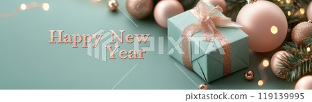 Mint Green Banner With Shimmering Rose Gold Happy New Year Gift Box And Ornaments 119139995