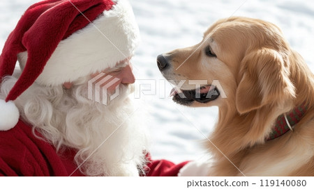 Festively Dressed Golden Retriever Posing with Santa Claus 119140080