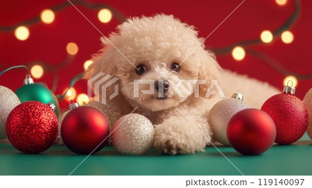 Adorable Poodle Tangled in Christmas Ornaments 119140097
