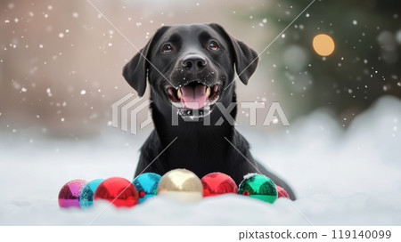 Black Labrador Retriever Playing Joyfully in Snowy Winter Landscape 119140099