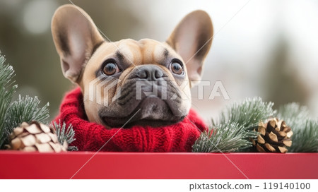 Charming French Bulldog in a Cozy Christmas Backdrop with Festive 119140100