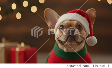 Cheerful French Bulldog Dressed as Santa s Helper Posing With Christmas Gifts 119140101