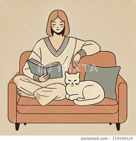 A woman who sits on a sofa and reads a book A woman who sits on a sofa and reads a book 119140124