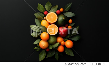 Assortment of Fresh Fruits and Vegetables on Dark Background Assortment of Fresh Fruits and Vegetables on Dark Background 119140199