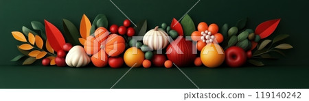 Colorful Autumnal Arrangement of Fresh Fruits and Vegetables for Vegan Day 119140242