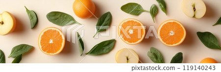 Bright and Cheerful World Vegan Day Banner with Fresh Fruits and Leaves 119140243