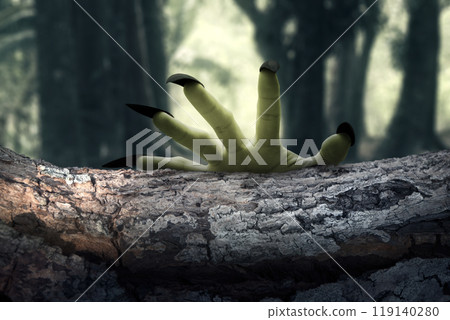 Witch hand with long nail claw reaching out from a wooden log. Scene is scary and creepy. The hand appearing to be a evil, satan, zombie or a monster hand Witch hand with long nail claw reaching out from a wooden log. Scene is scary and creepy. The hand appearing to be a evil, satan, zombie or a monster hand 119140280
