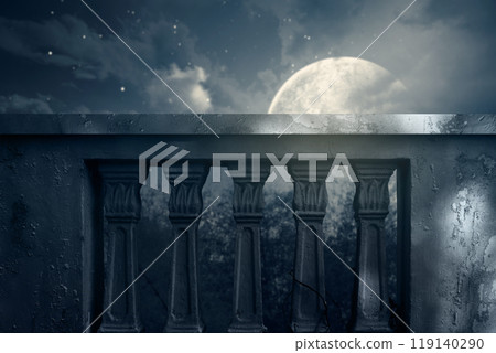 Balustrade with large of full moon is in the sky above a forest. The moon is surrounded by stars and the sky is dark. Dramatic smoke or fog effect. Mockup. Copy Space 119140290