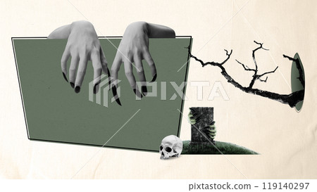 Witch hand with long black nail holding empty board for copy space. A tombstone is being held by witch hand with human head skull. Scene is scary and creepy 119140297