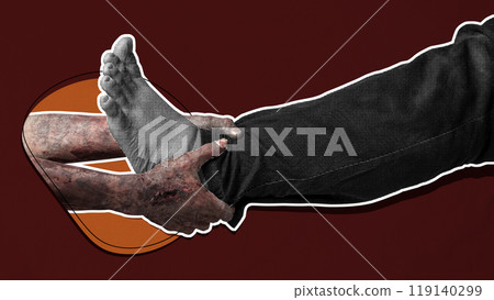 A zombie hand with a bloody wound grabs a human leg. Scene has dark and scary. Zombie, devil, evil, satan, or monster hands 119140299