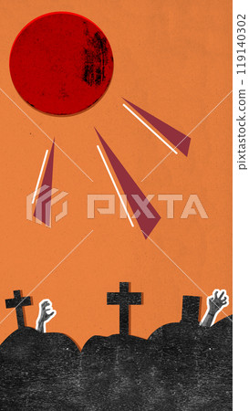 Zombie hand with bloody wound rising out of ground on the graveyard. Hand appearing to be devil, evil, satan, or monster hands. Scene is scary and creepy 119140302