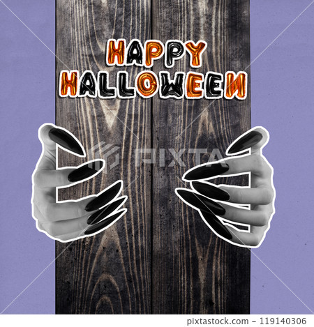 Witch hand with long black nail holding board with Happy Halloween sign. The color is green. Evil, zombie, or monster hand. The scene is scary and creepy 119140306