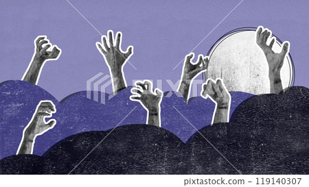 Zombie hand with bloody wound rising out of ground on the graveyard. Hand appearing to be devil, evil, satan, or monster hands. Scene is scary and creepy 119140307