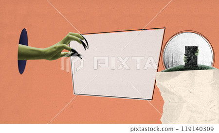Witch hand with long black nail reaching empty board for copy space. A tombstone is being held by witch hand. Scene is scary and creepy Witch hand with long black nail reaching empty board for copy space. A tombstone is being held by witch hand. Scene is scary and creepy 119140309