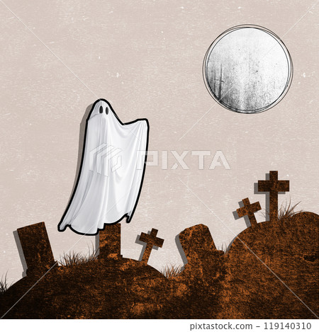 White ghost haunt the graveyard. The ghost is transparent. Full moon in the background. Scene is scary and creepy White ghost haunt the graveyard. The ghost is transparent. Full moon in the background. Scene is scary and creepy 119140310