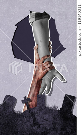 A zombie hand with a bloody wound grabs a human hand in dark room. Scene has dark and scary. Zombie, devil, evil, satan, or monster hands 119140311