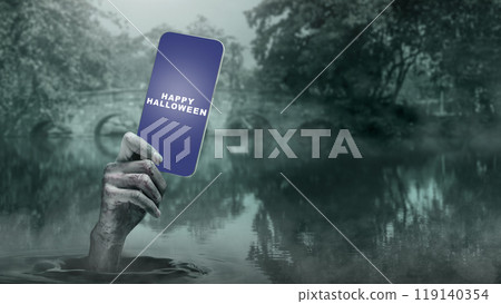 Mummy hands have dirty bandages on them. Mummy, devil, evil, satan, or zombie hands holding a mobile phone with a Happy Halloween sign 119140354