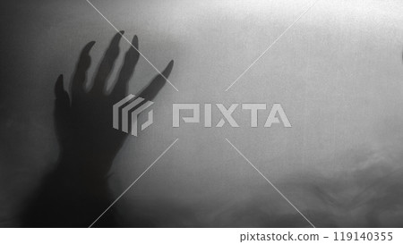 Shade of werewolf hands with fur and black claws on a blue background. The hand is reaching out, and the shadow is dark. Scary claw of werewolf, wolfman, or animal monster 119140355