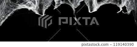 Frame of spooky creepy cobweb spider web on black background. The scene is somewhat scary and mysterious. Mockup. Copy Space 119140390