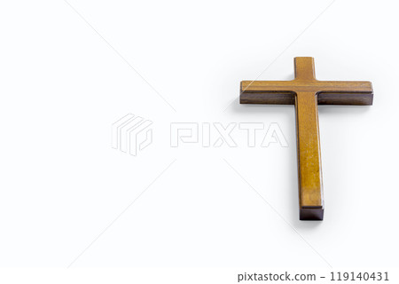 Wooden religion cross isolated over white background. Religious christian holiday. Symbol of faith in God, Christianity Feast, Easter, Good Friday, Palm Sunday 119140431