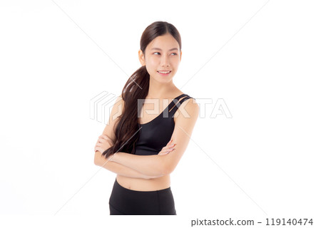Portrait of beautiful young asian woman in sportswear smile and crossed arms isolated. Portrait of beautiful young asian woman in sportswear smile and crossed arms isolated. 119140474