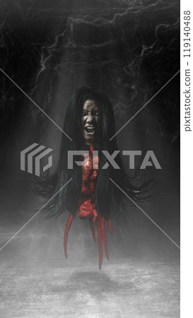 Kuyang, Kunyang, Palasik or Krasue ghost. Evil, demon, satan, monster figure from Kalimantan, Indonesia, Southeast Asia. Witch or shaman separate head from the body 119140488