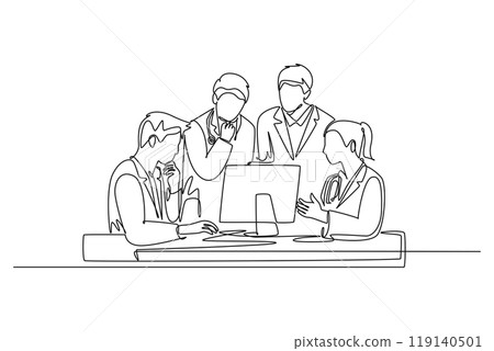 Single continuous line drawing group of male and female doctor discus while watching medical record patient on computer. Hospital health care concept. One line draw graphic design vector illustration 119140501
