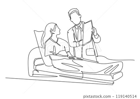 Single one line drawing helpful male doctor talking about medical report to laying female patient in bed. Hospital health care services concept. Continuous line draw design graphic vector illustration Single one line drawing helpful male doctor talking about medical report to laying female patient in bed. Hospital health care services concept. Continuous line draw design graphic vector illustration 119140514