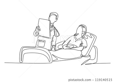 Continuous one line drawing of young doctor show great result of medical record to female patient who laying at hospital bed. Medical health care. Single line draw design vector graphic illustration Continuous one line drawing of young doctor show great result of medical record to female patient who laying at hospital bed. Medical health care. Single line draw design vector graphic illustration 119140515