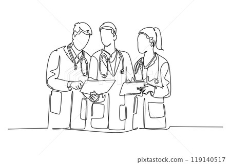 Continuous one line drawing senior doctor giving mentoring to young male and female doctors at hospital office room. Hospital health care services. Single line draw design vector graphic illustration 119140517