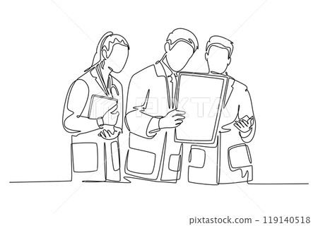 Continuous one line drawing group of male and female doctors discussing patient health condition while reading the medical report. Medical checkup. Single line draw design vector graphic illustration Continuous one line drawing group of male and female doctors discussing patient health condition while reading the medical report. Medical checkup. Single line draw design vector graphic illustration 119140518