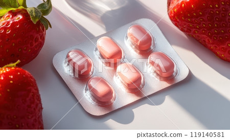 Birth Control Pills Displayed Alongside Fresh Strawberries on White Background Birth Control Pills Displayed Alongside Fresh Strawberries on White Background 119140581