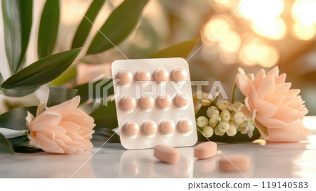 Bright Minimalist Bathroom with Birth Control Pills and Floral Accents Bright Minimalist Bathroom with Birth Control Pills and Floral Accents 119140583