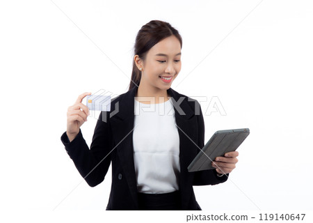 Portrait young asian businesswoman holding credit card and tablet for shopping online and payment. 119140647