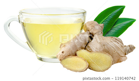 ginger tea in glass cup and leaves isolated ginger tea in glass cup and leaves isolated 119140742