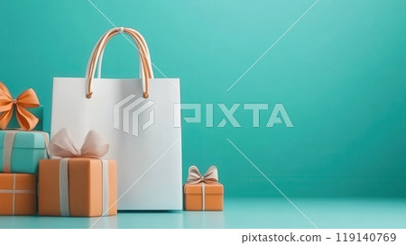 Festive Shopping Bags and Gift Boxes on Green Backdrop for Holiday Sale Festive Shopping Bags and Gift Boxes on Green Backdrop for Holiday Sale 119140769