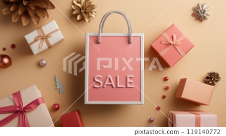 Festive Boxing Day Sale Banner with Wrapped Gifts and Pine Cones 119140772