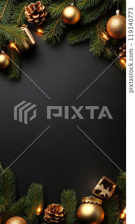 Festive Christmas Background with Pine Branches and Golden Ornaments 119140773