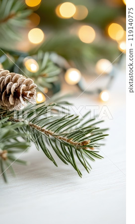 Festive Pine Tree Branch with Glowing Bokeh Lights in Winter Wonderland 119140775