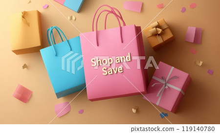 Bold Shop and Save Text on a Boxing Day Banner with Gift Boxes and Bags 119140780