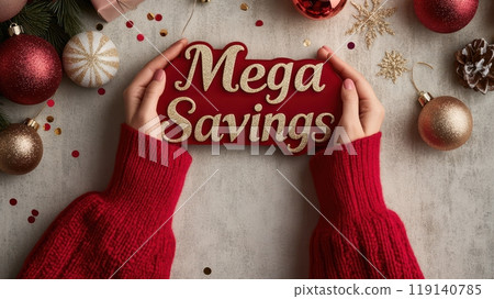 Mega Savings Festive Christmas Banner with Ornaments 119140785