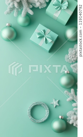 Bright Minimalist Christmas Holiday Decor with Gift Boxes and Ornaments on Pastel Green Background 119140792