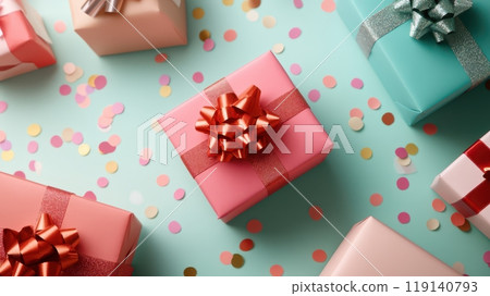 Vibrant Festive Gift Boxes with Colorful Confetti on Holiday Background 119140793